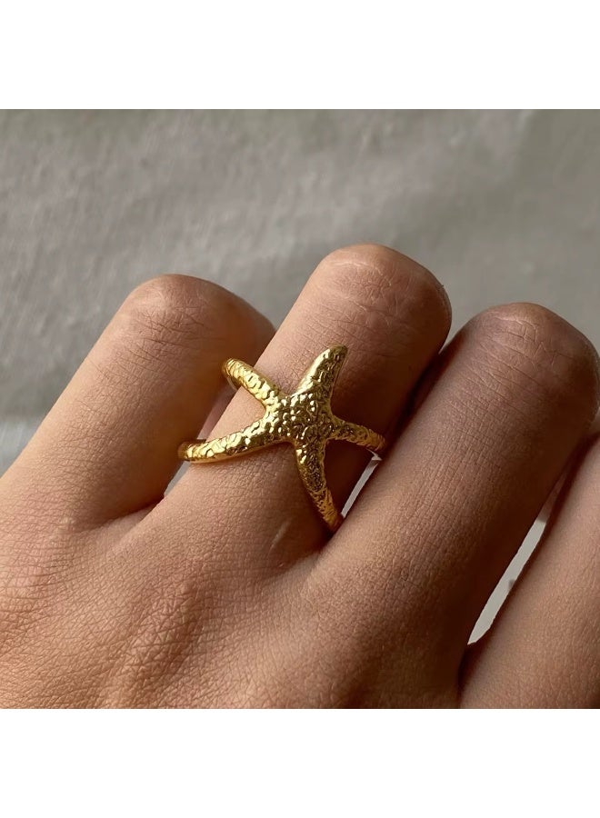 خاتم نجمة البحر الذهبي – مقاس قابل للتعديل – تصميم صيفي عصري – ستانلس ستيل مضاد للحساسية - Image 2